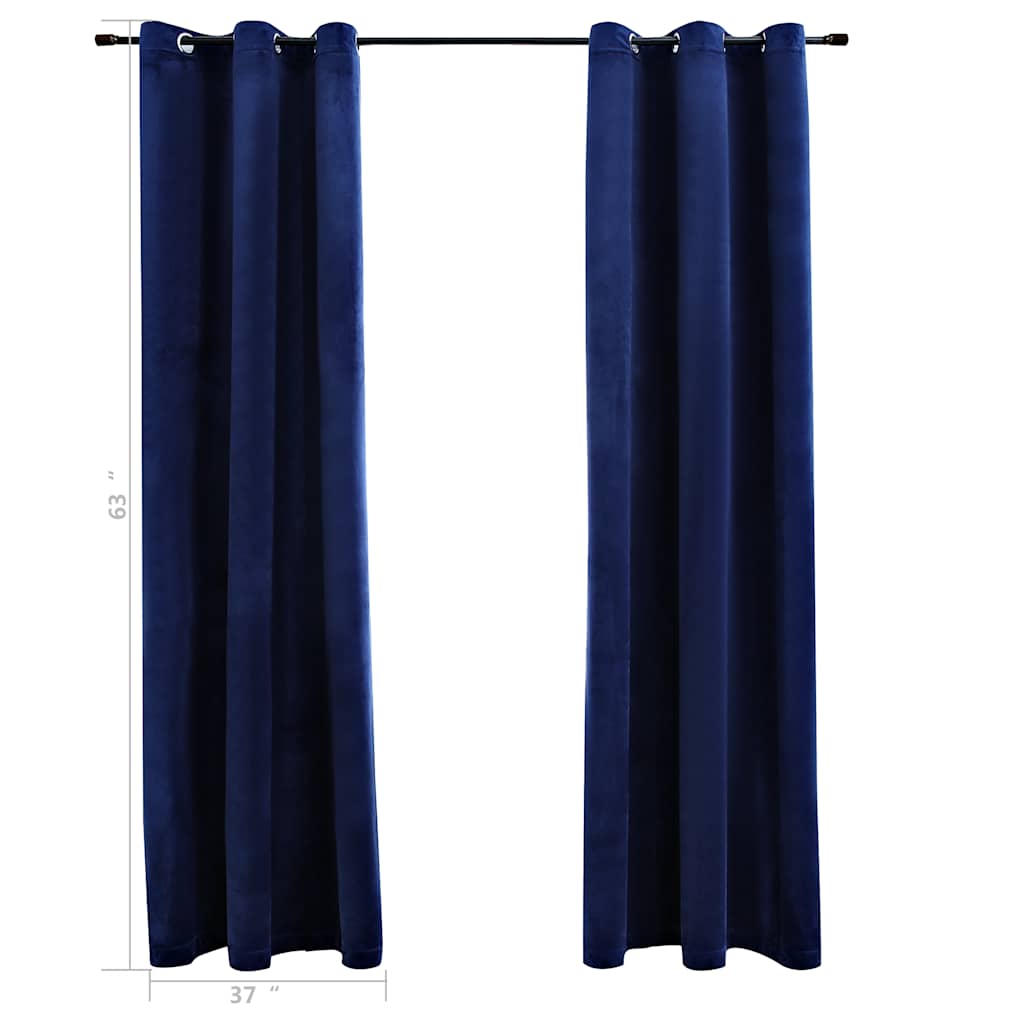 Two navy blue velvet blackout curtain panels, 37x63 inches each, with rings on a rod.