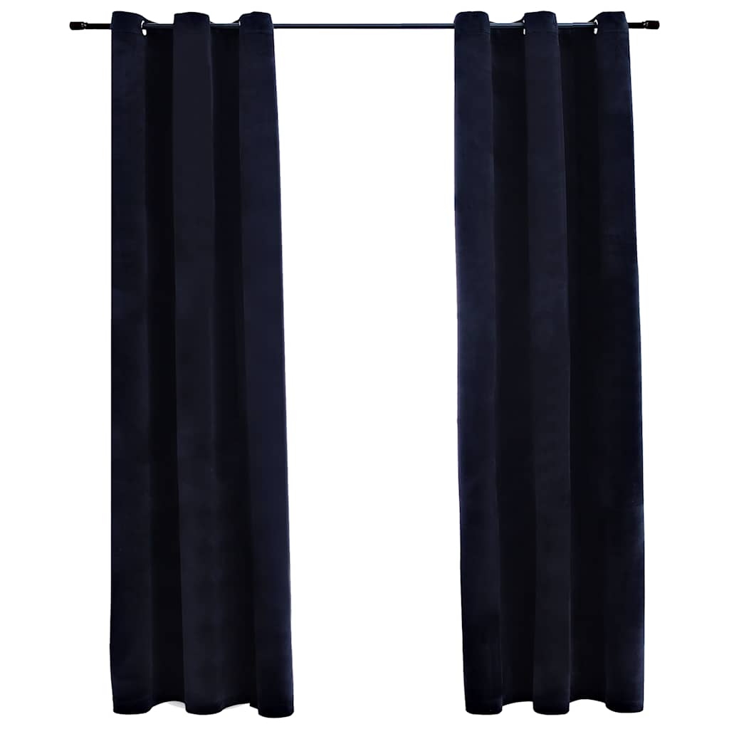 Two black velvet blackout curtain panels with rings, each measuring 37 by 63 inches.