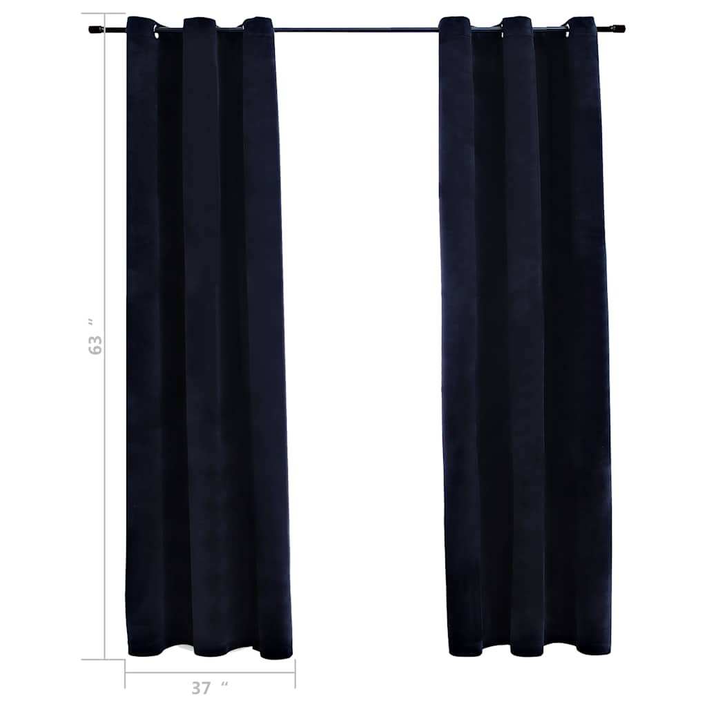 Two black velvet blackout curtain panels, 37x63 inches each, with rings, hung on a rod.