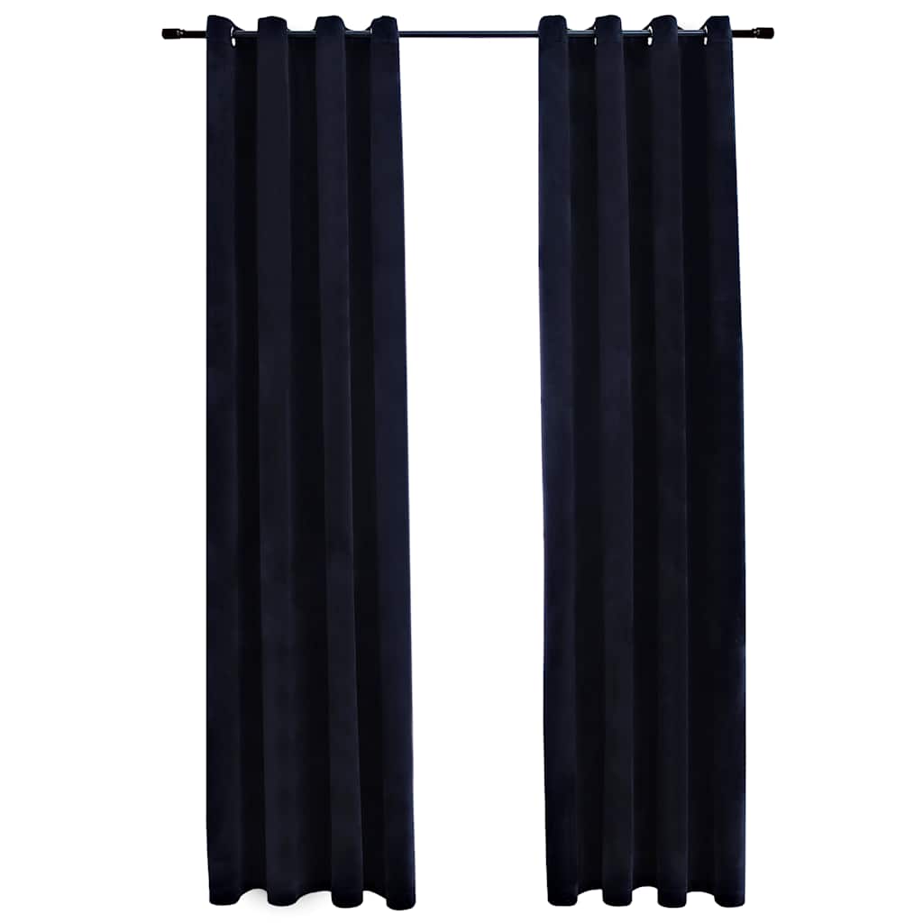 Two black velvet blackout curtain panels with rings, each 54x63 inches.