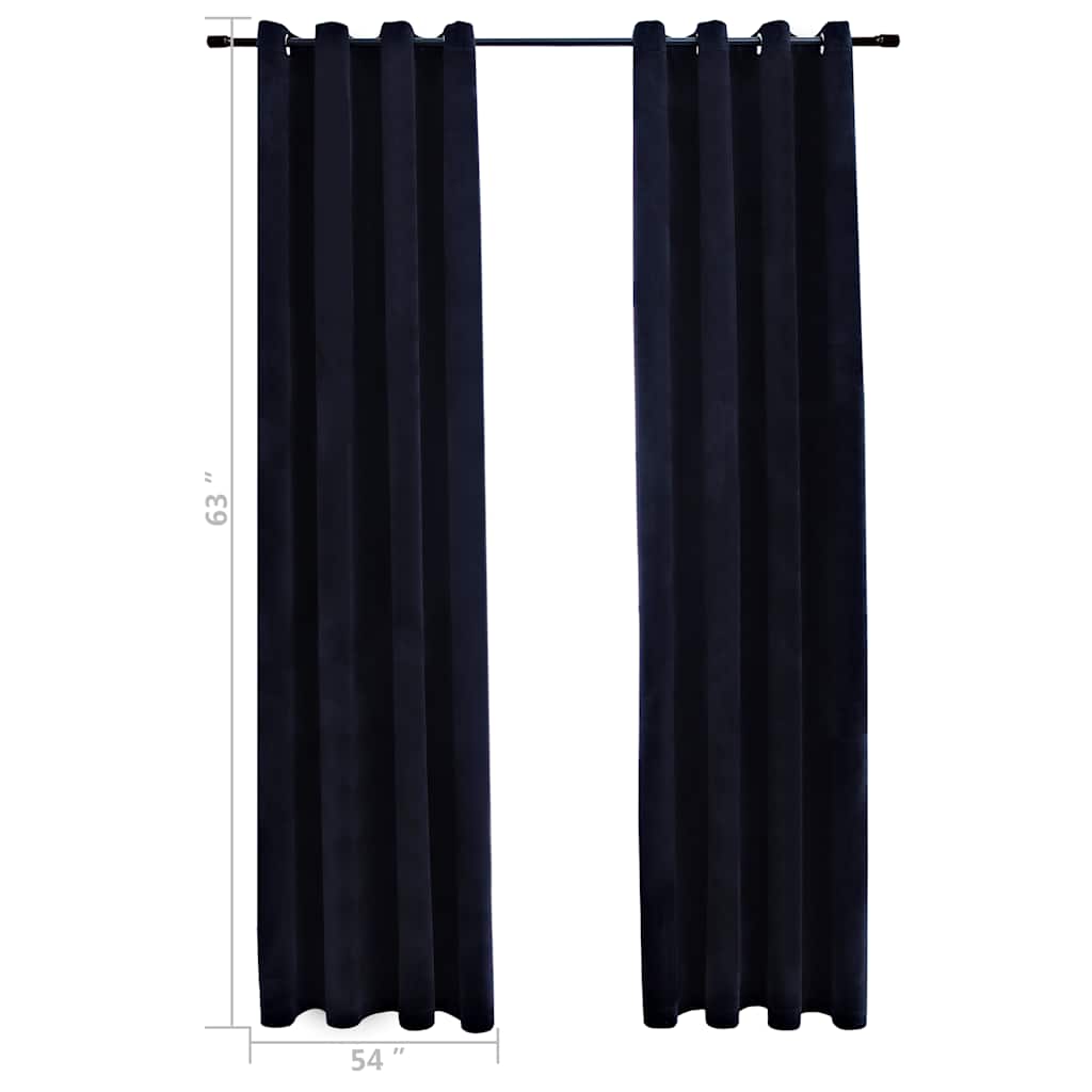 Two black velvet blackout curtain panels, 54x63 inches, with rings on a rod.