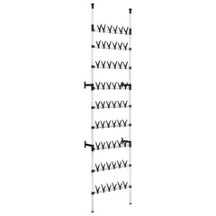 Silver and black telescopic aluminum shoe rack with 9 rods for up to 54 pairs.