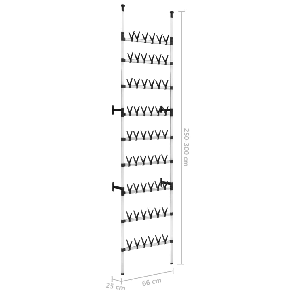 Silver and black telescopic aluminum shoe rack with 9 rods, 25 cm deep and 64 cm wide.