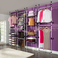 Silver and black telescopic aluminum shoe rack with rods, holding multiple pairs of shoes.