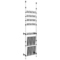 Silver telescopic aluminum shoe rack with rods for multiple pairs of shoes.