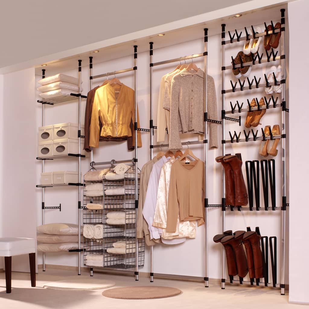 Silver Bostome telescopic aluminum shoe rack with rods, displaying shoes, boots, and hanging clothes in a wardrobe.