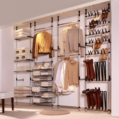 Silver Bostome telescopic aluminum shoe rack with rods, displaying shoes, boots, and hanging clothes in a wardrobe.