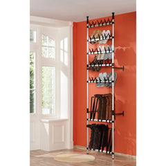 Silver telescopic aluminum shoe rack with rods holding multiple pairs of shoes and boots.