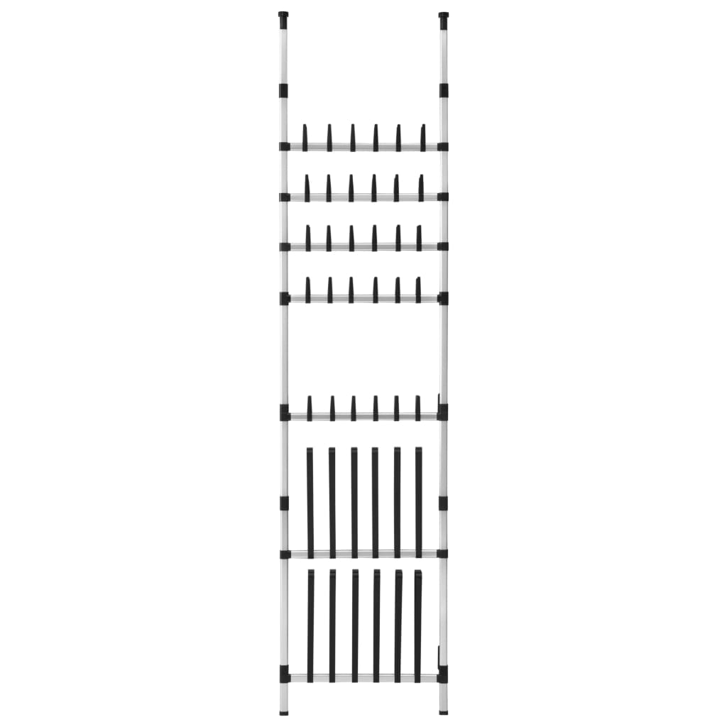 Silver telescopic aluminum shoe rack with rods for organizing up to 30 pairs.