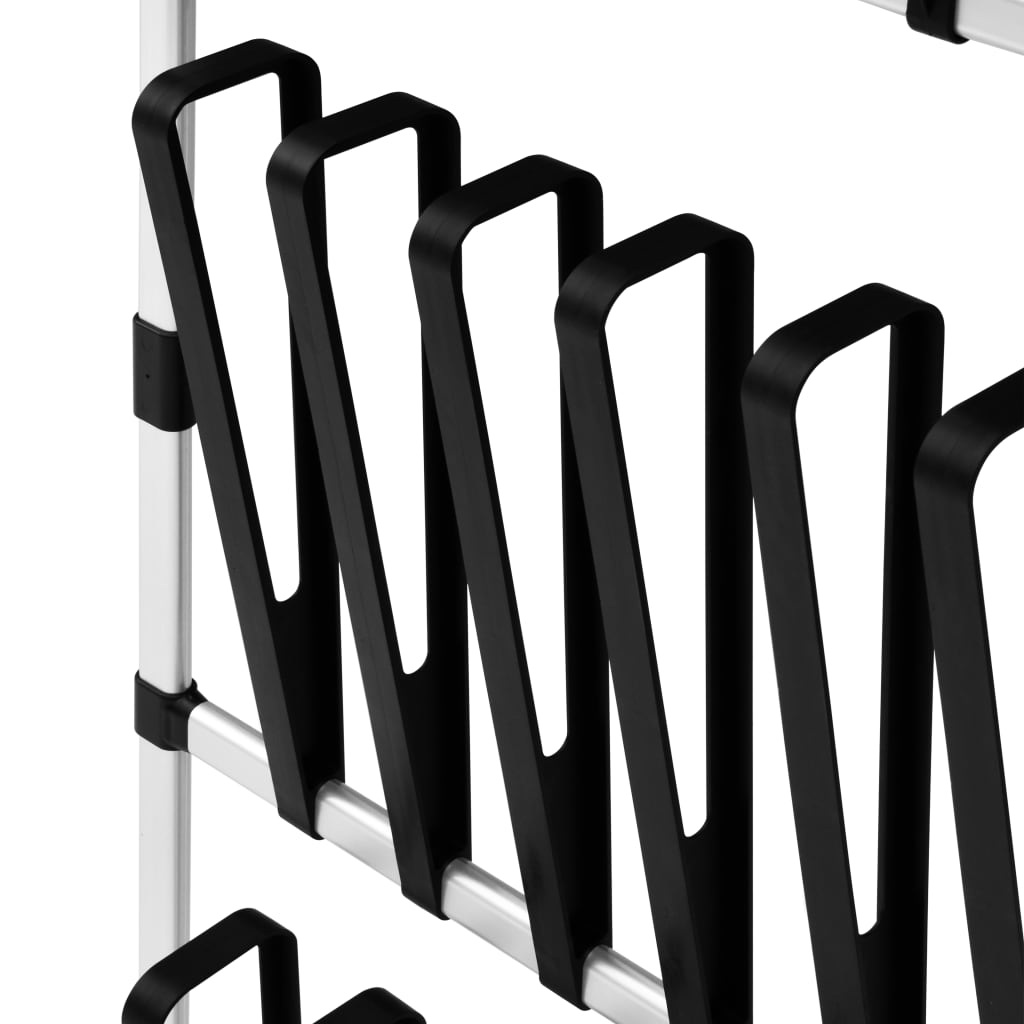 Silver telescopic aluminum shoe rack with black rods and adjustable frame for organizing shoes.