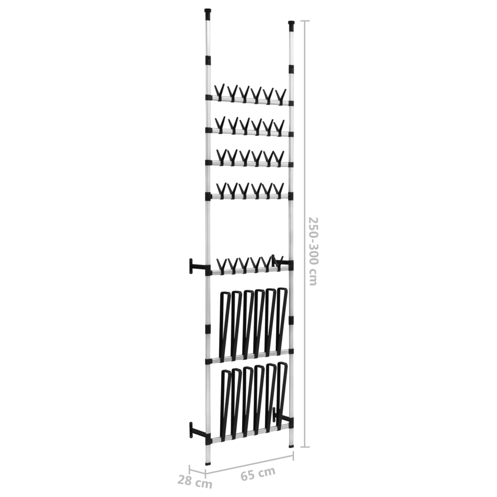 Silver telescopic aluminum shoe rack with rods, measuring 100 cm high and 65 cm wide.