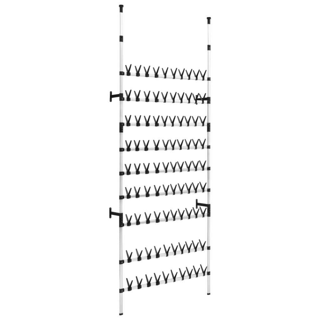 Silver and black telescopic aluminum shoe rack with 9 rods for organizing shoes.