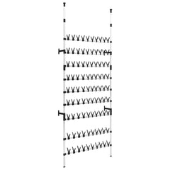 Silver and black telescopic aluminum shoe rack with 9 rods for organizing shoes.