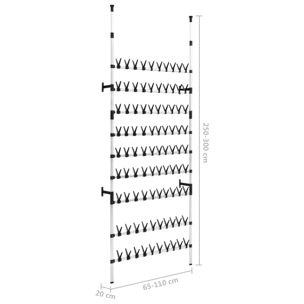 Silver and black telescopic aluminum shoe rack with 9 rods, adjustable from 65-110 cm wide and 200-300 cm high.