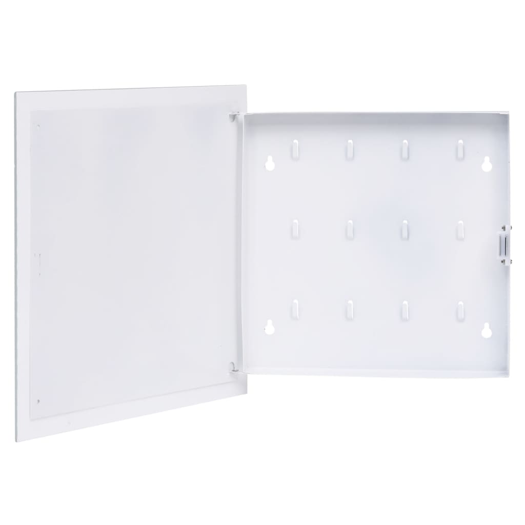 Open white key box with magnetic tempered glass door revealing 12 hooks inside, 13.8x13.8x1.6 inches.
