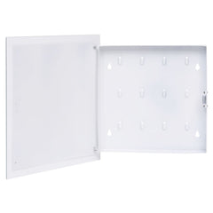 Open white key box with magnetic tempered glass door revealing 12 hooks inside, 13.8x13.8x1.6 inches.