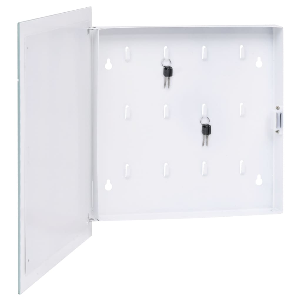 White key box with open magnetic tempered glass door, showing hooks with keys inside.