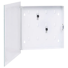 White key box with open magnetic tempered glass door, showing hooks with keys inside.