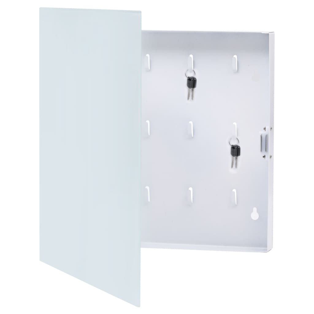 White key box with open magnetic tempered glass door showing 12 key hooks inside.
