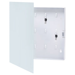 White key box with open magnetic tempered glass door showing 12 key hooks inside.