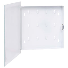 White key box with open magnetic tempered glass door, revealing 12 hooks inside, 13.8x13.8x1.6 inches.
