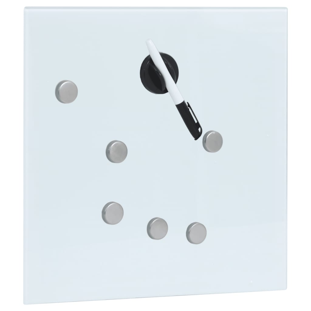 White magnetic tempered glass key box with hooks, magnets, pen, and eraser, 13.8x13.8x1.6 inches.