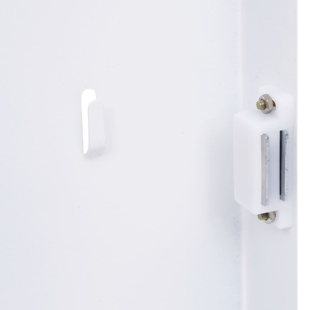 White key box with magnetic tempered glass board, measuring 13.8x13.8x1.6 inches.