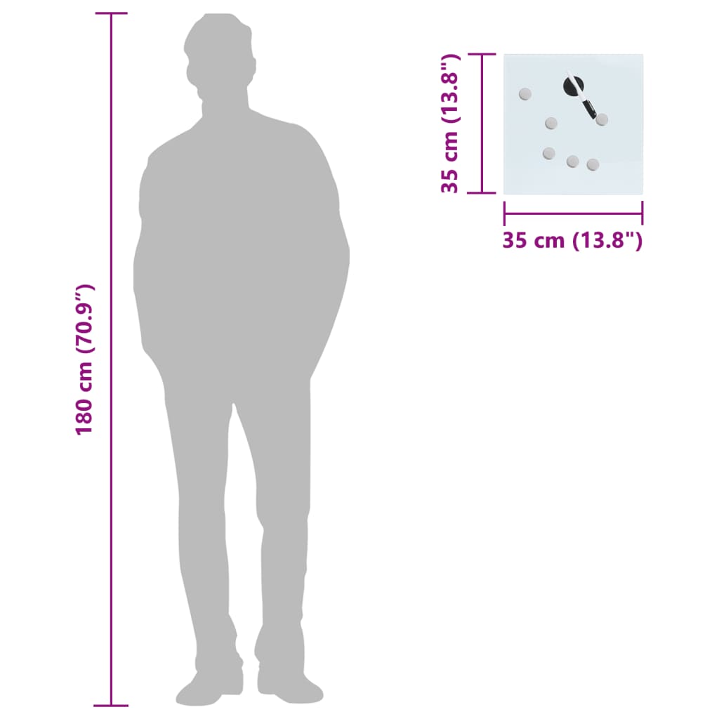 White key box with magnetic tempered glass board, 13.8x13.8x1.6 inches, shown with size comparison to 180cm figure.
