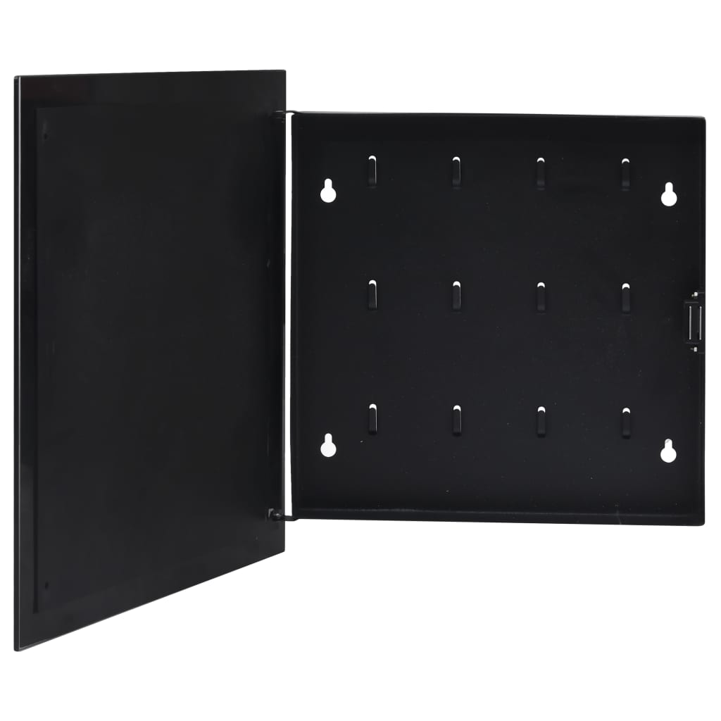 Open black magnetic key box with tempered glass door, showing 12 hooks inside, 13.8x13.8x1.6 inches.