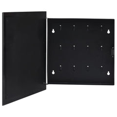 Open black magnetic key box with tempered glass door, showing 12 hooks inside, 13.8x13.8x1.6 inches.