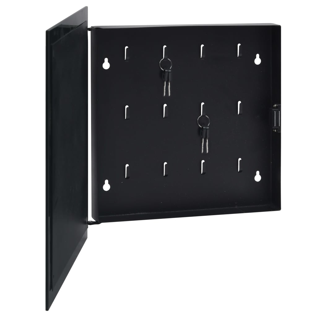 Open black magnetic key box with tempered glass door, 12 hooks, and magnets.