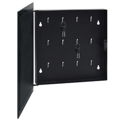 Open black magnetic key box with tempered glass door, 12 hooks, and magnets.