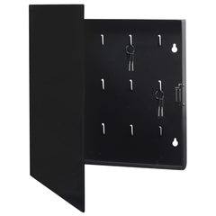 Black magnetic key box with tempered glass door, open to reveal hooks and magnets inside.