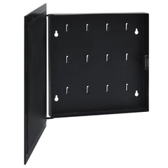 Black magnetic key box with tempered glass door open, revealing 12 hooks inside.