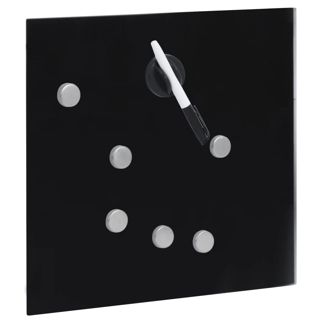 Black magnetic key box with tempered glass door, 13.8x13.8x1.6 inches, featuring hooks and magnets.