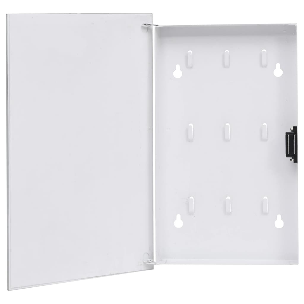 White magnetic key box with tempered glass door, open to reveal nine hooks inside.