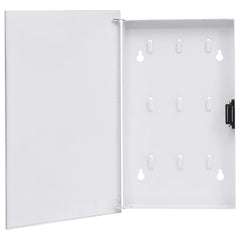 White magnetic key box with tempered glass door, open to reveal nine hooks inside.