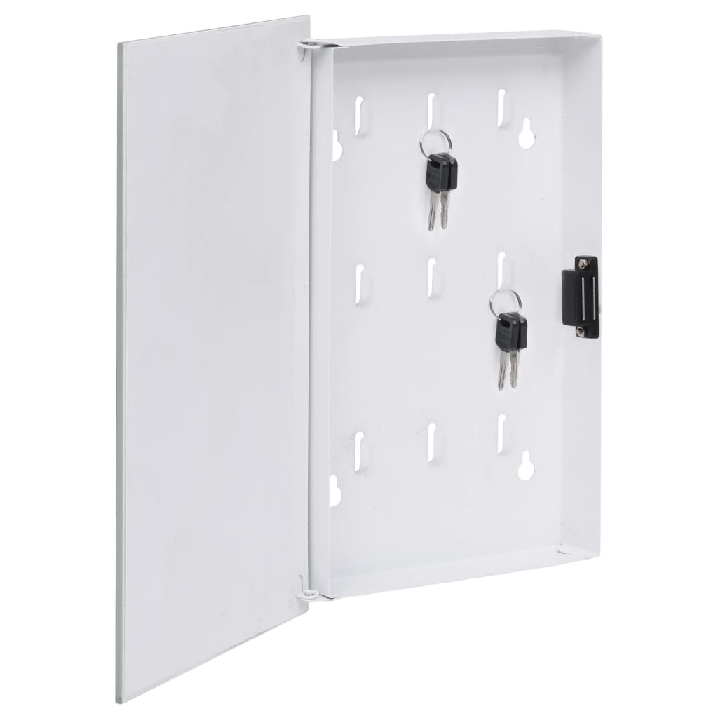 Open white magnetic key box with tempered glass door, nine hooks, and keys.