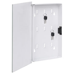 Open white magnetic key box with tempered glass door, nine hooks, and keys.