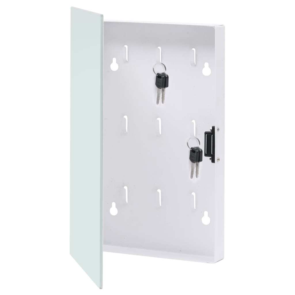 White magnetic key box with tempered glass door, open to reveal nine hooks for keys.