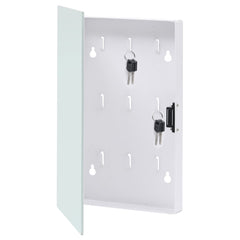White magnetic key box with tempered glass door, open to reveal nine hooks for keys.