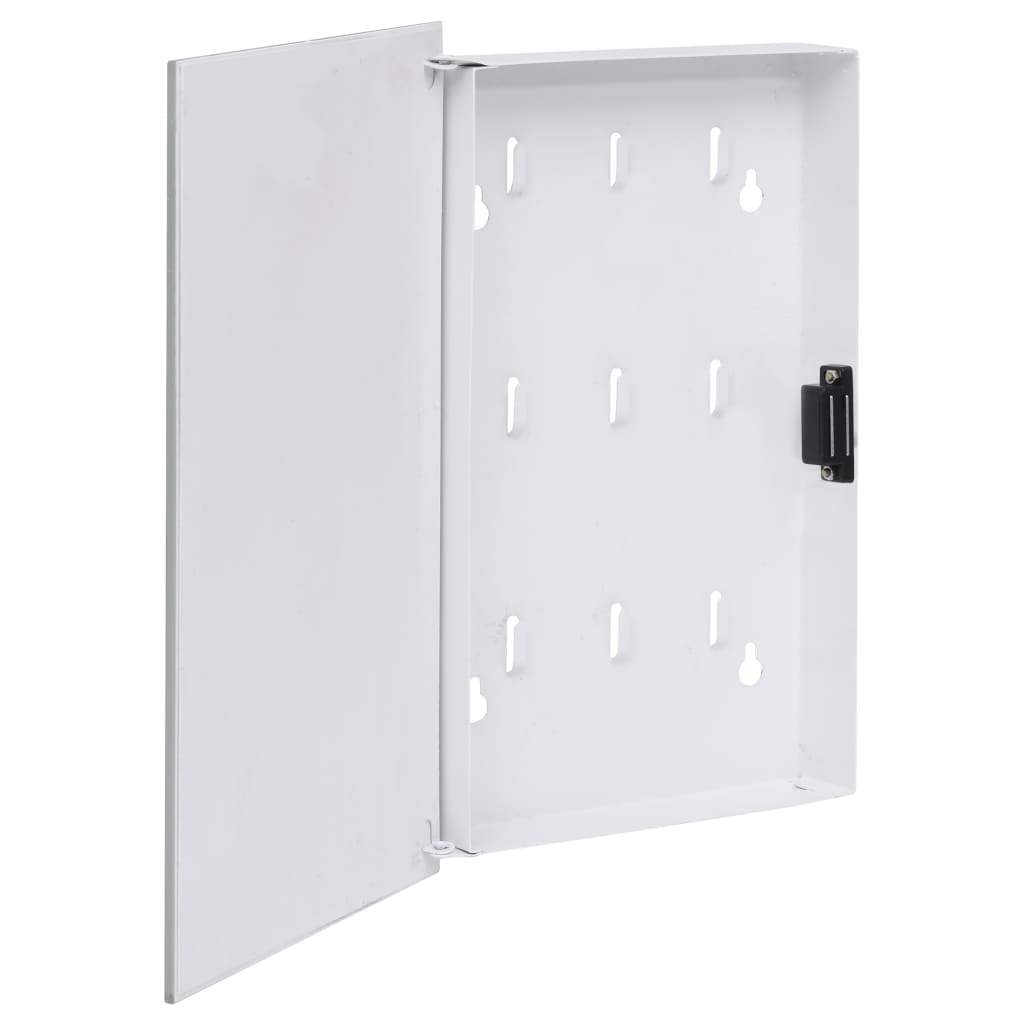 White magnetic key box with tempered glass door open, revealing nine hooks inside.