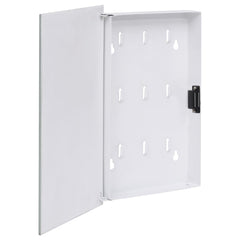 White magnetic key box with tempered glass door open, revealing nine hooks inside.