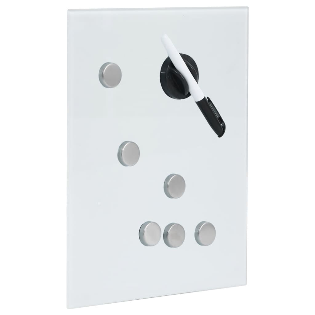 White magnetic key box with tempered glass door, 11.8x7.9x1.6 inches, featuring hooks and magnets.