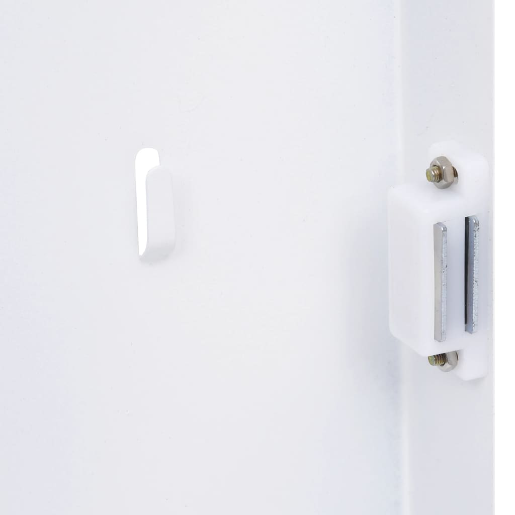 White magnetic key box with tempered glass door, measuring 11.8x7.9x1.6 inches.