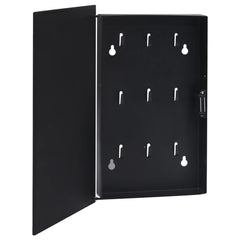 Black key box with open tempered glass door revealing nine hooks inside.