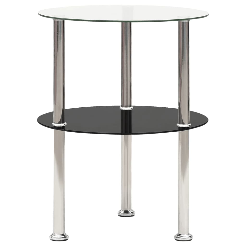 Side Table Clear and Black Tempered Glass, Stainless Steel Compact