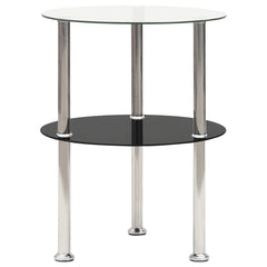 Side Table Clear and Black Tempered Glass, Stainless Steel Compact