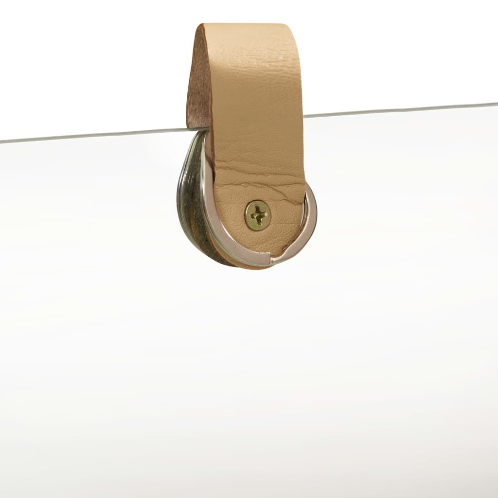 Rectangular pinewood wall mirror with tan leather strap and metal ring hanger, 9.1x15.6in.
