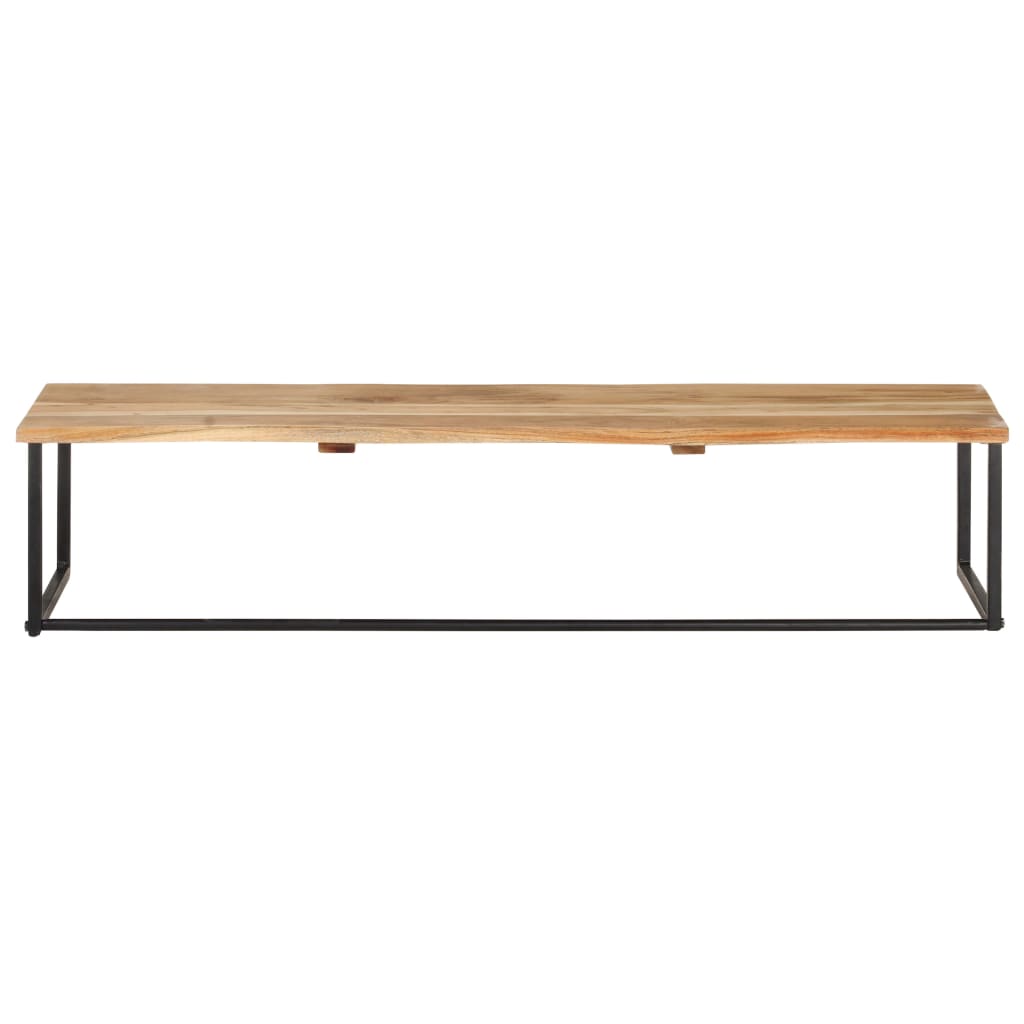 A live edge acacia wood wall peg with integrated shelf and iron hooks, measuring 39.4 by 13.8 by 8.7 inches.